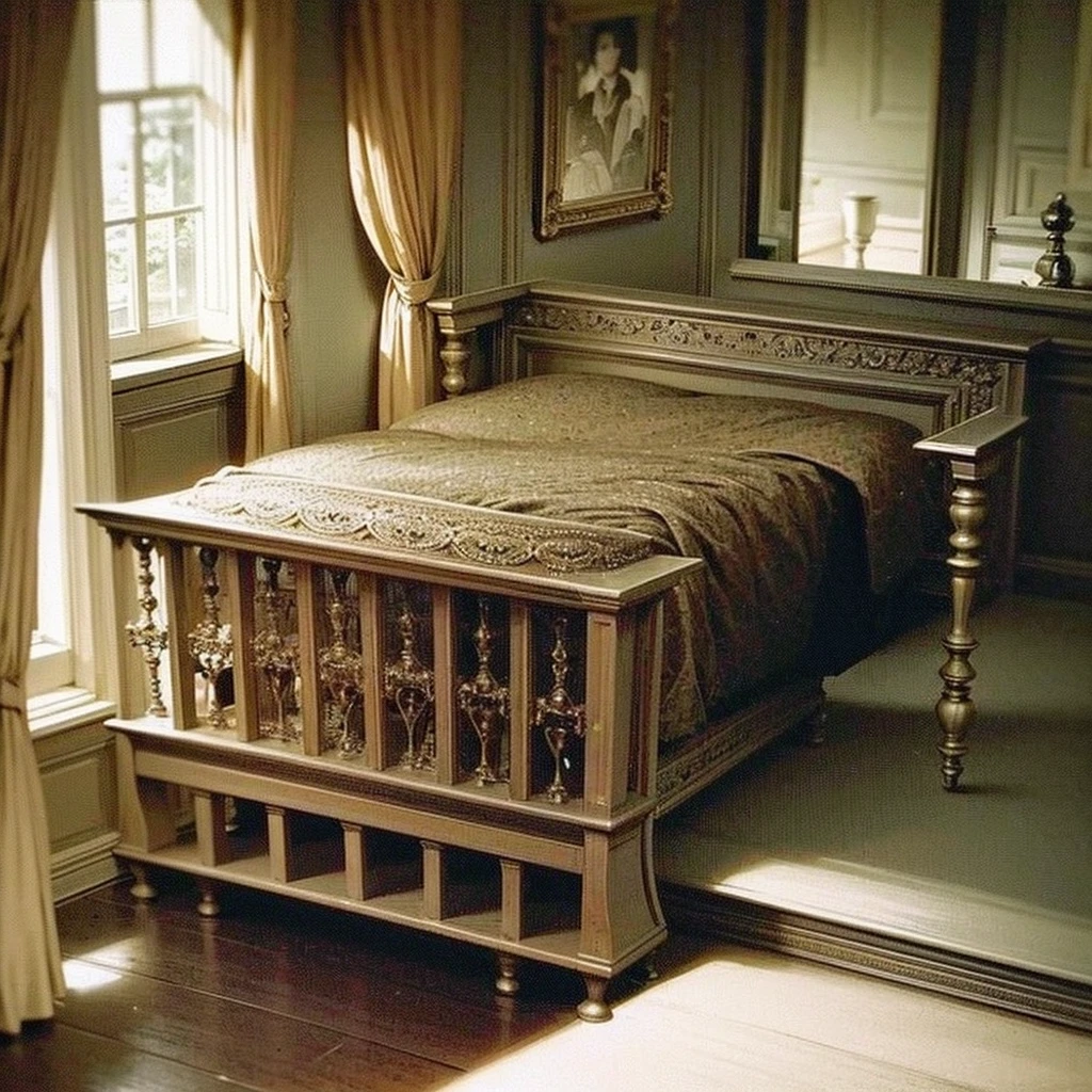 there is a bedroom with a bed, chair, dresser and a bookcase, a portrait inspired by William Mustart Lockhart, flickr, art nouveau, victorian room, dimly lit bedroom, dim bedroom, 1 9 2 0 s room, inside of a bedroom, dimly lit room, room with eerie feeling, dark bedroom, interior of a victorian house
