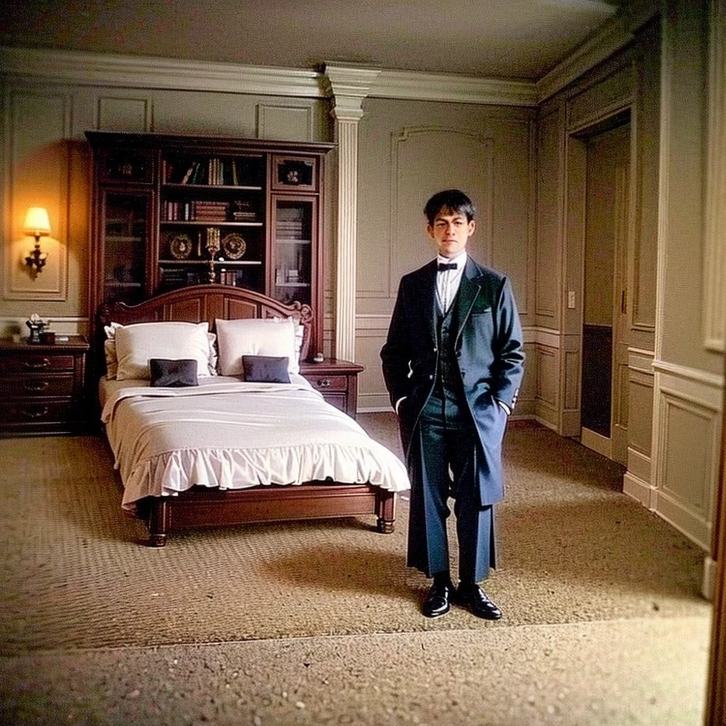 there is a bedroom with a bed, chair, dresser and a bookcase, a portrait inspired by William Mustart Lockhart, flickr, art nouveau, victorian room, dimly lit bedroom, dim bedroom, 1 9 2 0 s room, inside of a bedroom, dimly lit room, room with eerie feeling, dark bedroom, interior of a victorian house
