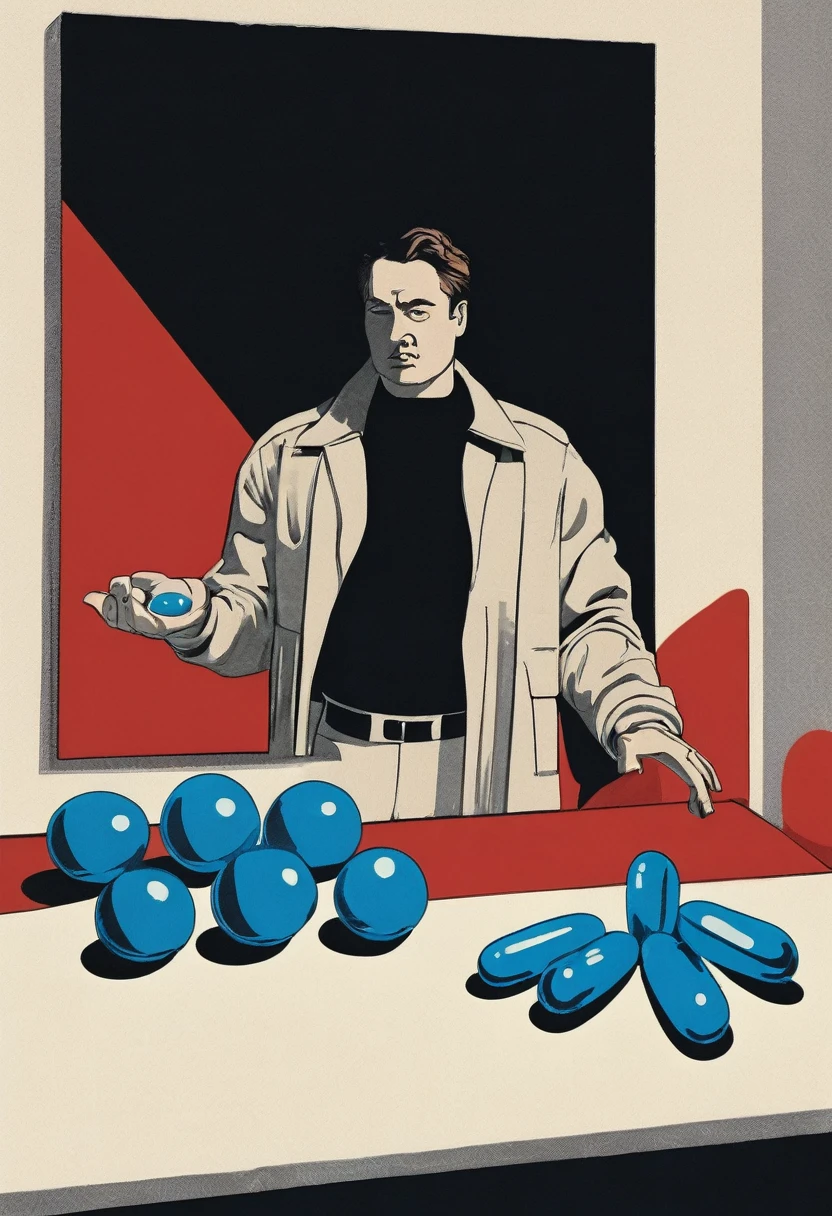 A man is standing, holding two pills in his outstretched hands. On the left, he holds a bright blue pill, glistening in the light. On the right, he holds an intense red pill, which seems to emit a soft glow. He is staring at the pills, with an indecisive and thoughtful expression on his face. In the background, the environment is neutral, suggesting an empty space or a room without significant details.