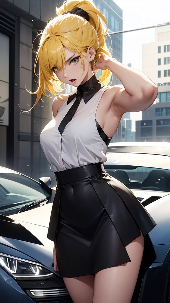 8k, beautiful woman, whole body, hair ponytail, split pompadour, Yellow hair, white sleeveless blouse, black miniskirt, two bare legs, two bare arms, dark blue high heels, luxury car, Open mouth, slanted eyes, perfect body, standing, one of his arms touching his head.