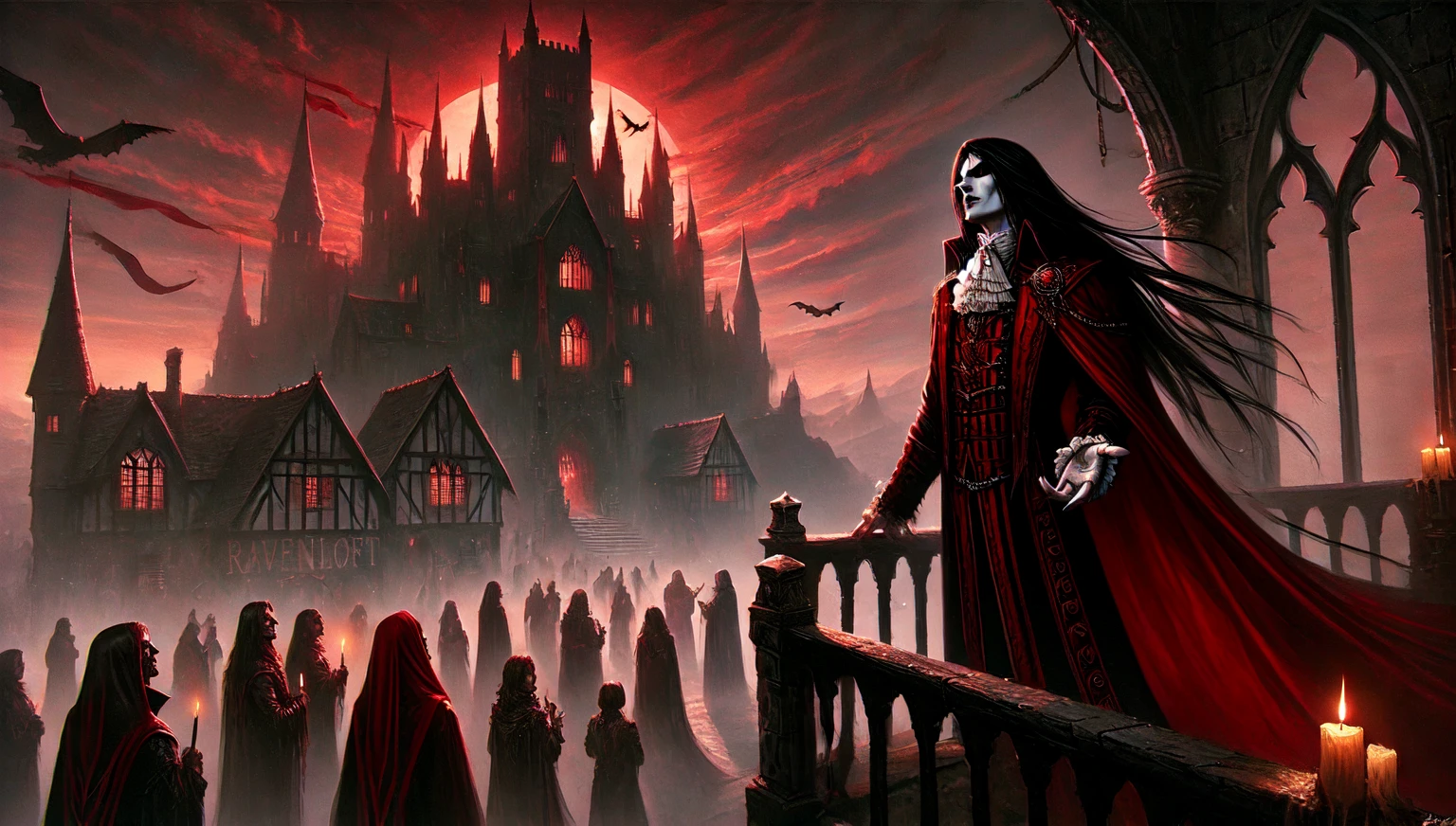 ascribed image of a man in a red cloak, standing in front of the castle, Fantasy Vampires, gothic fantasy art, Spelling, Spelling inspired, Dracula's Castle, dark fantasy artwork, dark fantasy art, Castelvania, dark fantasy concept art, dark fantasy horror art, deep crimson and dark shadows, dark fantasy art, vampire lord, an ominous fantasy illustration