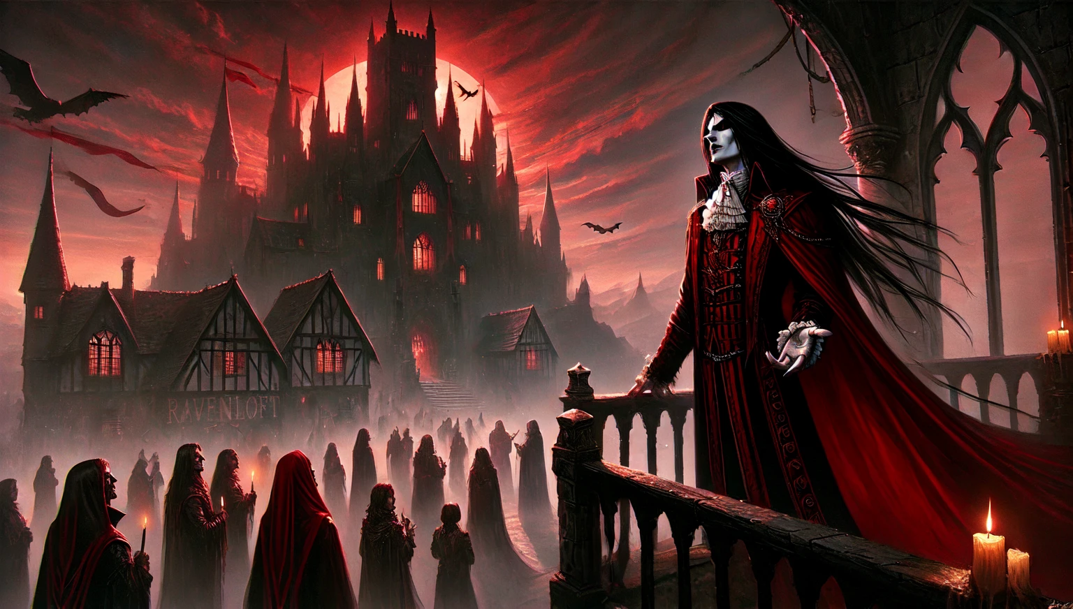 ascribed image of a man in a red cloak, standing in front of the castle, Fantasy Vampires, gothic fantasy art, Spelling, Spelling inspired, Dracula's Castle, dark fantasy artwork, dark fantasy art, Castelvania, dark fantasy concept art, dark fantasy horror art, deep crimson and dark shadows, dark fantasy art, vampire lord, an ominous fantasy illustration