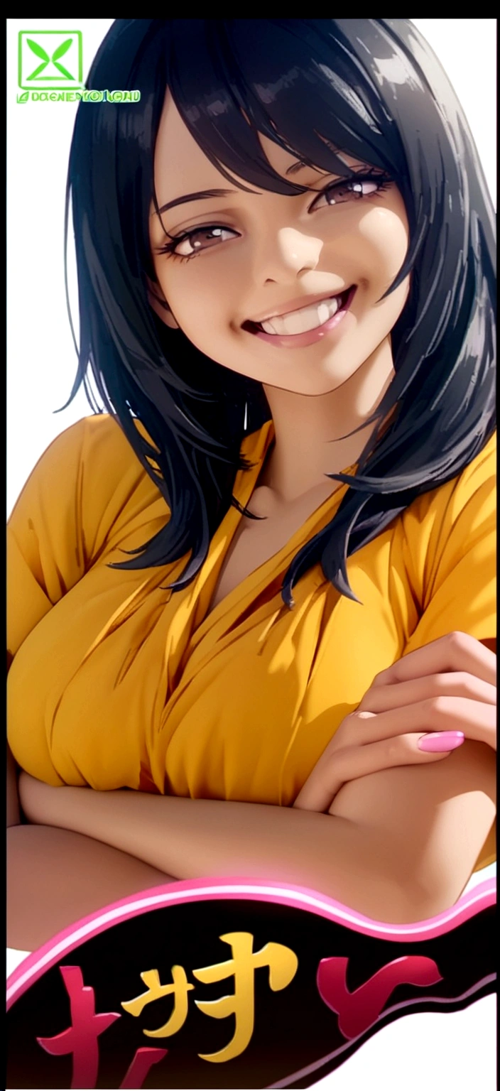 Young woman with long black hair and big eyes smiling and with her arms crossed in orange clothes