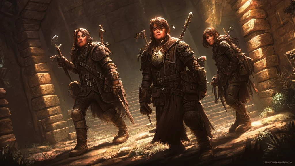 adventurers exploring through a dark dungeon. 