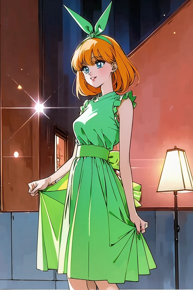 Yotsuba nakano, green ribbon, dancing in the moonlight, dynamic pose, moonlight background, full body, dancing girl, pretty flowing dress, wind, sweet dreamy face, (Old anime, vintage anime, 90's anime style, naoko takeuchi style, masterpiece、top-quality, Official art、Beautifully Aesthetic:1.2)、(a beauty girl:1.3)、vivid colours、colourful, magical photography, dramatic lighting, intricate details, (1 girl, solo, alone), , sfw, nakano_yotsuba, blue eyes, indigo eyes, aayotsuba, sparkling blue eyes, sfw, pretty teenage girl with shoulder length orange hair, hair ribbon, green ribbon, heart shaped lips and blue eyes making a cute face, blushing, aayotsuba, Nakano yotsuba from The Quintessential Quintuplets, yotsuba Nakano, masterpiece, 4k, ultradetailed, cowboy shot, shoulder lenght orange hair,, blushing,, blue eyes, innocent, pure, kawaii, tender, lovely, cheery, cute
