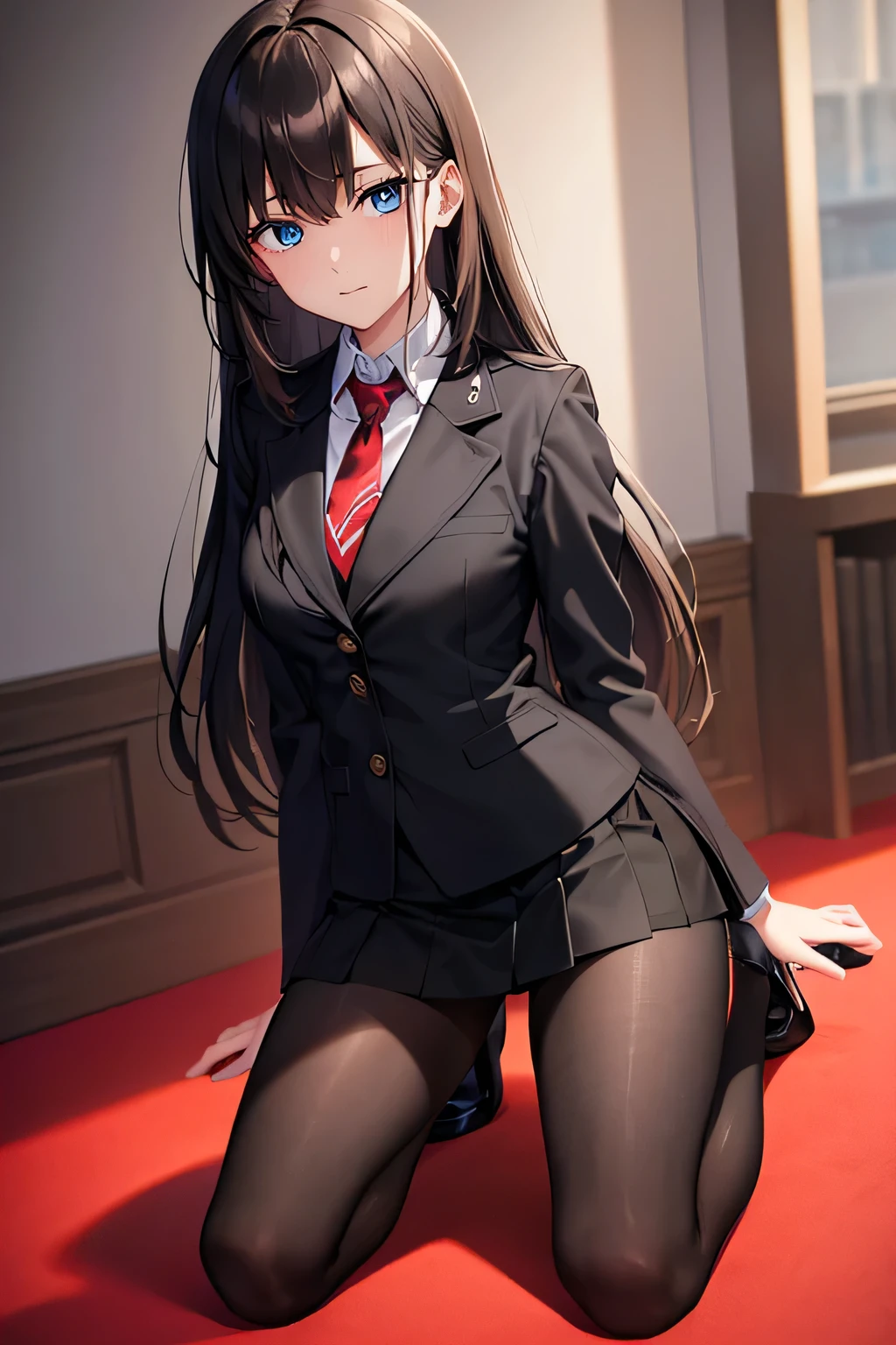 (8K), (high resolution), (work of art), best qualityer, expressive eyes, face perfect, A girl wearing a black miniskirt and black tights with a red and black blazer, from school, eyes of the heart, looking at the viewer with desire, dark brown hair, Kneeling, , up to the viewer's eye level, (((very close to the viewer)))