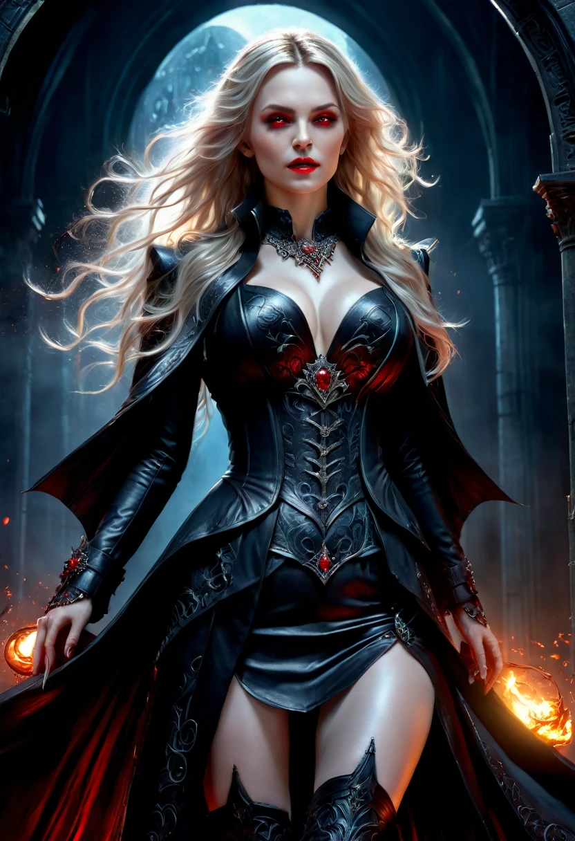 fantasy art, gothic art, (masterpiece:1.5), full body best details, highly detailed, best quality,  highres, full body portrait of a vampire, elf (Masterpiece, best quality: 1.6), ultra feminine, wizard, (intricate details, Masterpiece, best quality: 1.5) with a long curvy hair, blond hair, (red:1.3) eyes, (fantasy art, Masterpiece, best quality), ((beautiful delicate face)), Ultra Detailed Face (intricate details, fantasy art, Masterpiece, best quality: 1.5), (wearing elegant glamour open black trench coat: 1.5) , flowing black trench coat (intricate details, fantasy art, Masterpiece, best quality: 1.5), wearing an intricate (black: 1.2) dress (intricate details, fantasy art, Masterpiece, best quality: 1.3), high heeled boots, urban background (intense details, beat details), fantasy, at night light, natural ,moon light, clouds, gothic atmosphere, soft light, dynamic light, [[anatomically correct]], high details, best quality, 8k, [ultra detailed], masterpiece, best quality, (extremely detailed), dynamic angle, drkfntasy