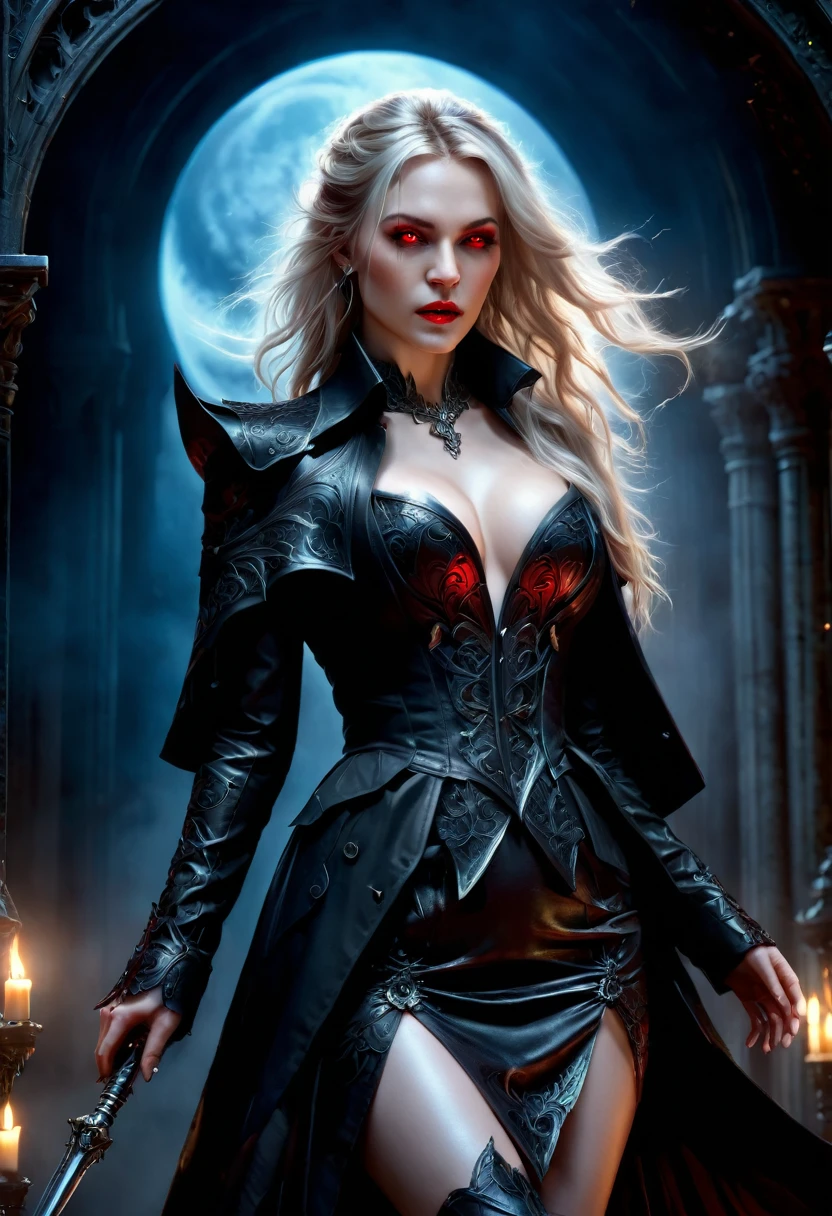 fantasy art, gothic art, (masterpiece:1.5), full body best details, highly detailed, best quality,  highres, full body portrait of a vampire, elf (Masterpiece, best quality: 1.6), ultra feminine, wizard, (intricate details, Masterpiece, best quality: 1.5) with a long curvy hair, blond hair, (red:1.3) eyes, (fantasy art, Masterpiece, best quality), ((beautiful delicate face)), Ultra Detailed Face (intricate details, fantasy art, Masterpiece, best quality: 1.5), (wearing elegant glamour open black trench coat: 1.5) , flowing black trench coat (intricate details, fantasy art, Masterpiece, best quality: 1.5), wearing an intricate (black: 1.2) dress (intricate details, fantasy art, Masterpiece, best quality: 1.3), high heeled boots, urban background (intense details, beat details), fantasy, at night light, natural ,moon light, clouds, gothic atmosphere, soft light, dynamic light, [[anatomically correct]], high details, best quality, 8k, [ultra detailed], masterpiece, best quality, (extremely detailed), dynamic angle, drkfntasy