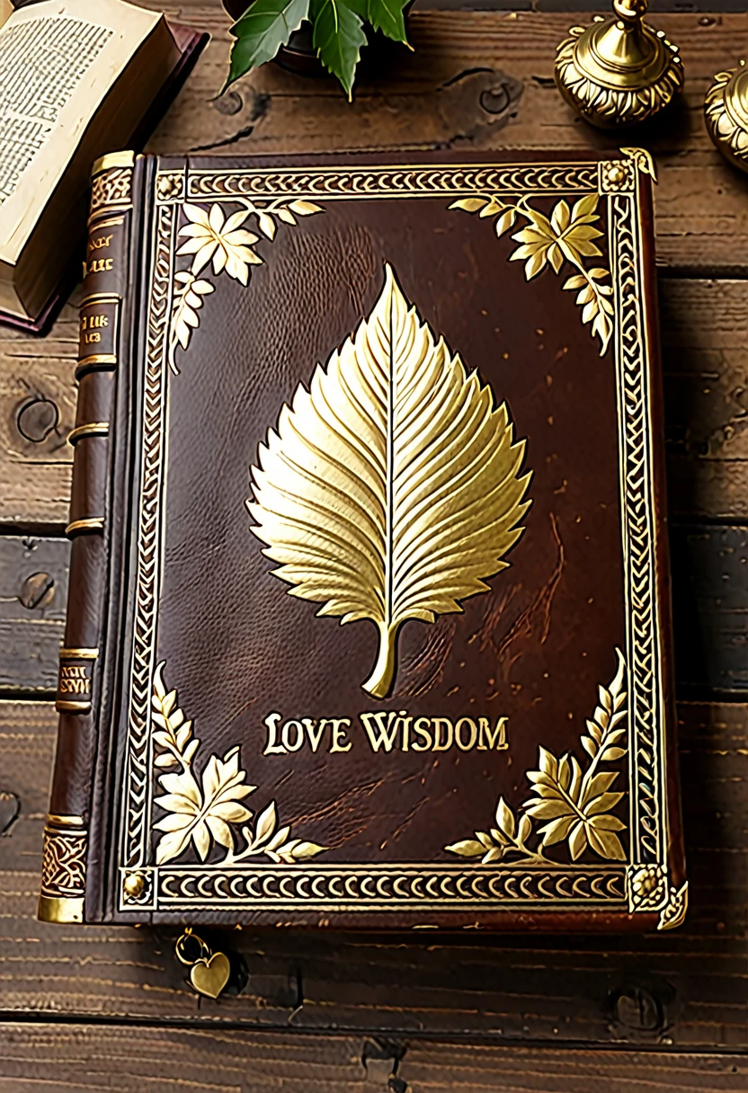 A beautiful book, worn by time and use, sits on a wooden desk, beautifully decorated with details on the edge of the desk and on the legs. The book is dark brown leather, worn by time and use; It has beautiful gold ornaments, worn from use, covering the front and spine of the book. The edge of the leaves reflects a dull golden color due to its constant bearing. The book is thick, and it is open on the desk. Among its letters you can read the message "love wisdom and you will live"