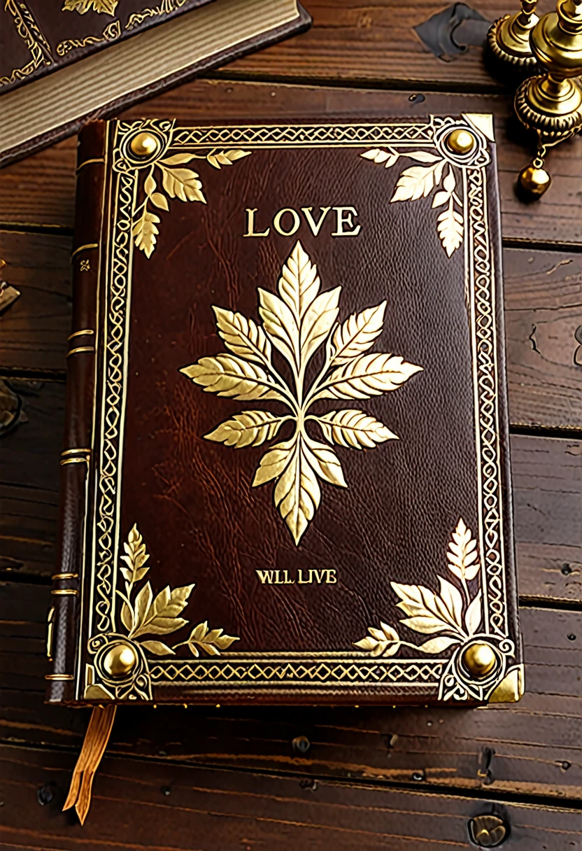 A beautiful book, worn by time and use, sits on a wooden desk, beautifully decorated with details on the edge of the desk and on the legs. The book is dark brown leather, worn by time and use; It has beautiful gold ornaments, worn from use, covering the front and spine of the book. The edge of the leaves reflects a dull golden color due to its constant bearing. The book is thick, and it is open on the desk. Among its letters you can read the message "love wisdom and you will live"