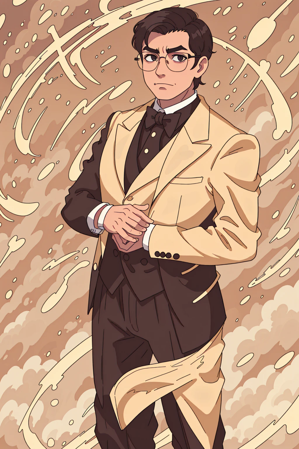 A thinner man wearing a tight-fitting tuxedo and suit, short swept back hair, long sculpted face, looking very smug, wearing circular glasses, wearing a yellow suit with gold accents, standing in front of a golden sky