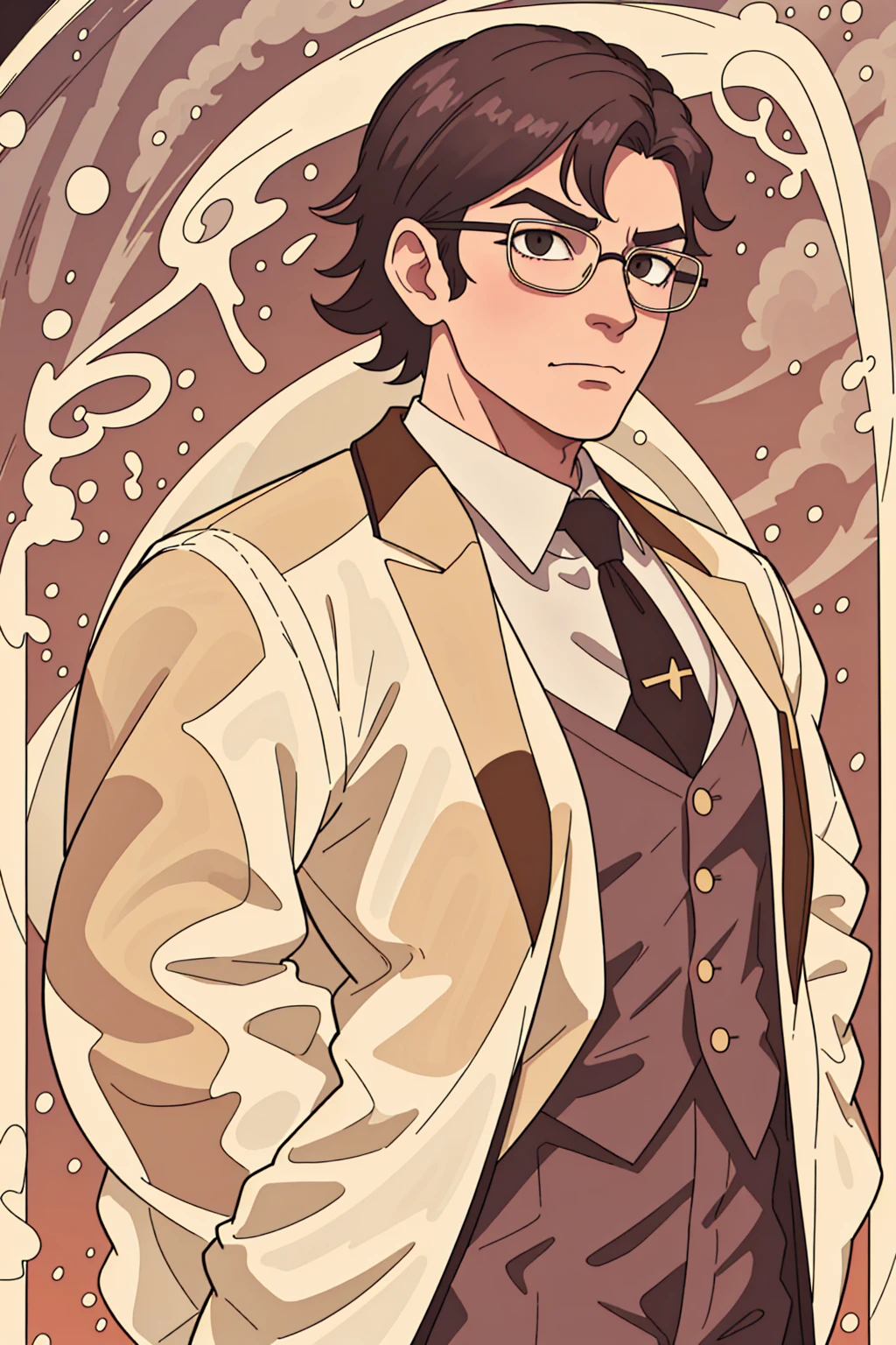 A thinner man wearing a tight-fitting tuxedo and suit, short swept back hair, long sculpted face, looking very smug, wearing circular glasses, wearing a yellow suit with gold accents, standing in front of a golden sky