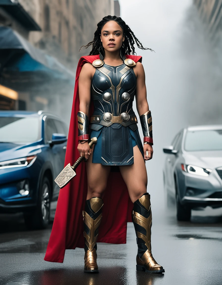 cinematic photo RAW candid cinema,  (((Tessa Thompson dressed as Thor))) full body pose in the centre of a cyclone, 16mm, ((remarkable color)), (ultra realistic)  . 35mm photograph, film, bokeh, professional, 4k, highly detailed