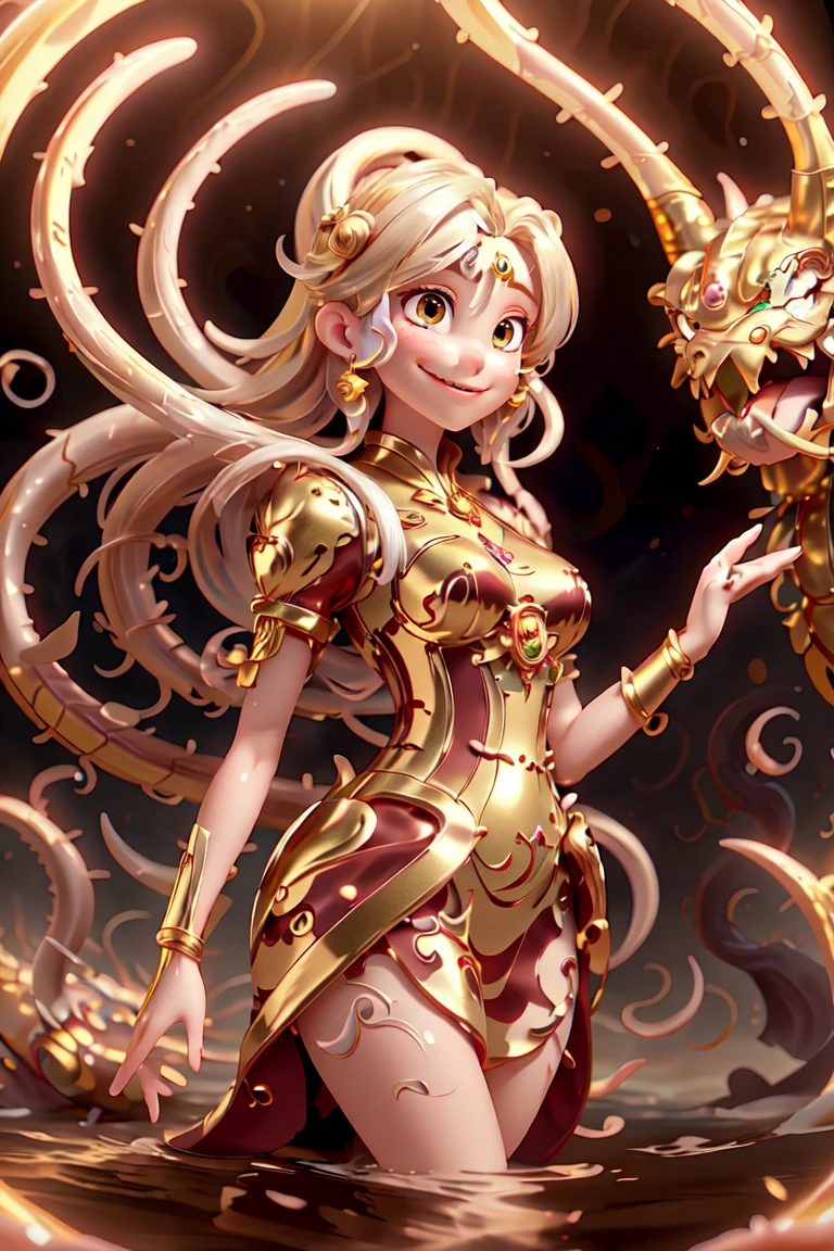 anime with long hair and red dress standing in the water with a big golden dragon, 4K anime art wallpaper, 8K anime art wallpaper, anime fantasy artwork, 4k fantasy artwork, 坏蛋动漫8 K, epic anime art, detailed art of onmyoji, anime fantasy illustration, inspired by Naomi, 4K anime-style, gold accents