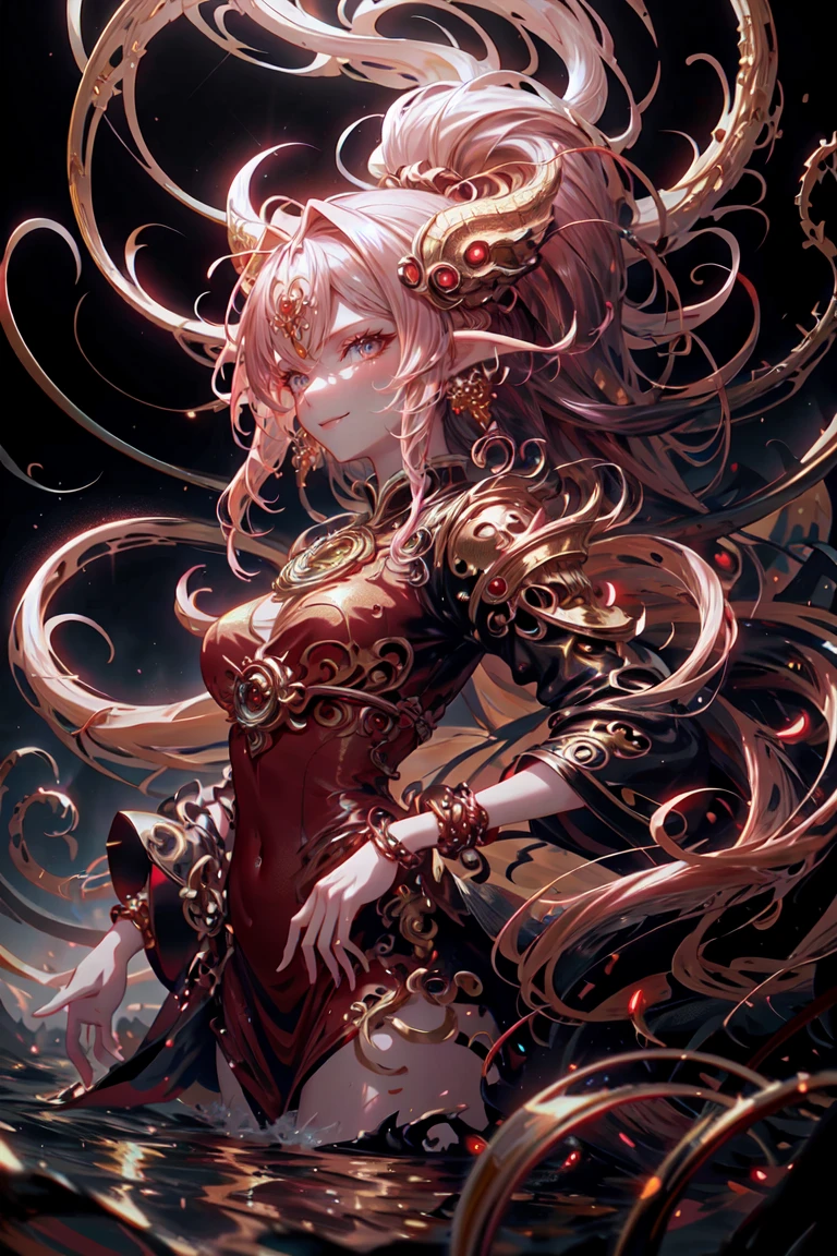  anime with long hair and red dress standing in the water with a big golden dragon, 4K anime art wallpaper, 8K anime art wallpaper, anime fantasy artwork, 4k fantasy artwork, 坏蛋动漫8 K, epic anime art, detailed art of onmyoji, anime fantasy illustration, inspired by Naomi, 4K anime-style, gold accents