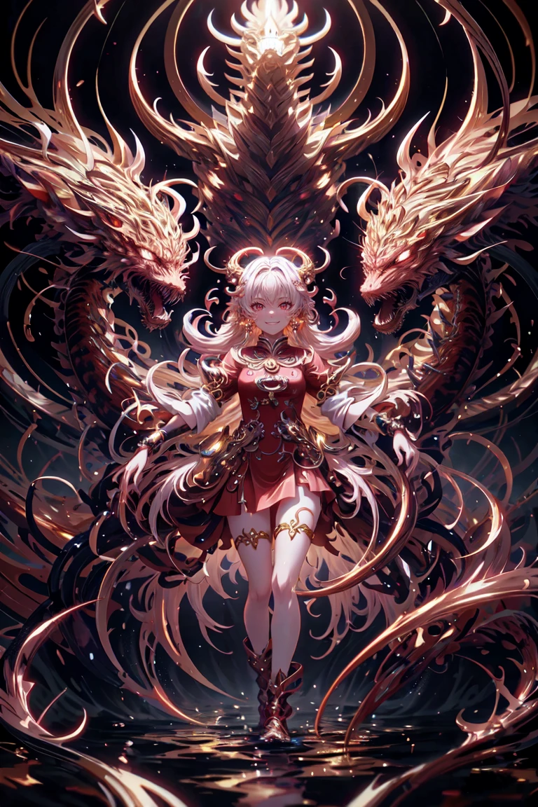 anime with long hair and red dress standing in the water with a big golden dragon, 4K anime art wallpaper, 8K anime art wallpaper, anime fantasy artwork, 4k fantasy artwork, 坏蛋动漫8 K, epic anime art, detailed art of onmyoji, anime fantasy illustration, inspired by Naomi, 4K anime-style, gold accents