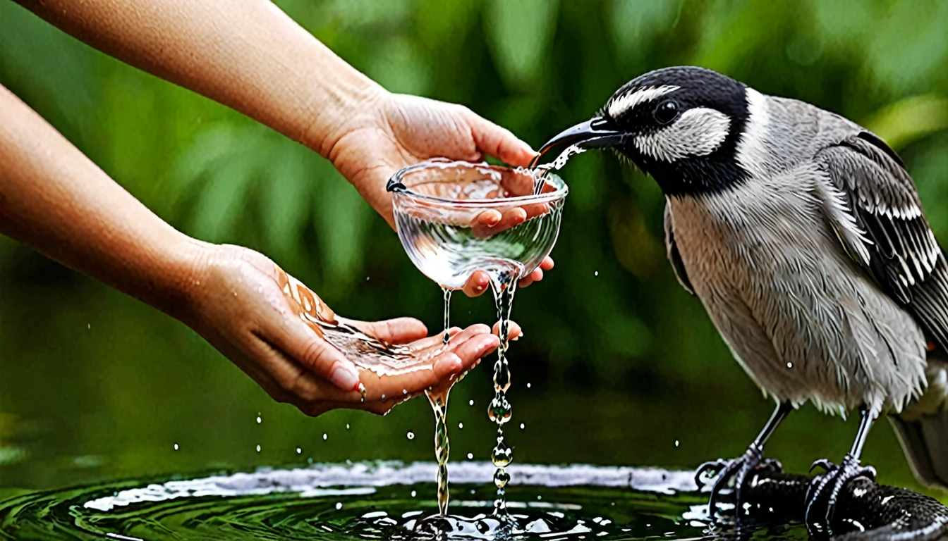 A human hand dripping water into a bird&#39;s beak in black and white 