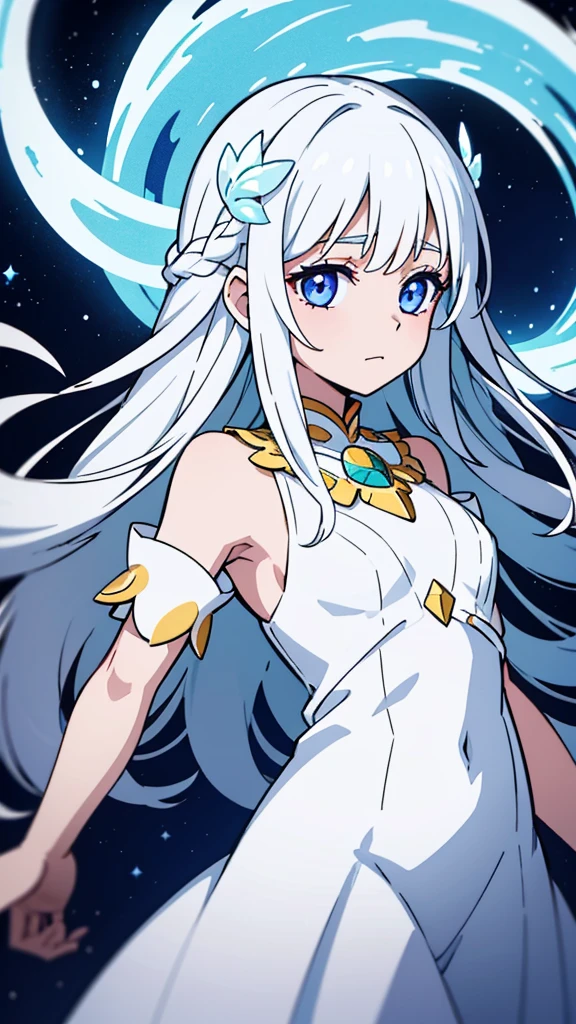 Goddess Soft face cosmic white shining eyes long cosmic bright white hair floating like waves in the air long cosmic bright white dress with cosmic white crystal butterflies 