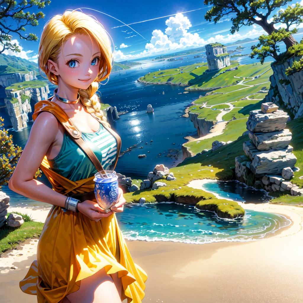 (masterpiece, highest quality:1.2), 1 girl, solo, 1 girl, Bianca, DQ5, illustration, anime style, long hair, blonde hair, single braid, over the shoulder hair, blue eyes, smiling, competitive swimsuit, bracelet, nature, outdoors, blue sky