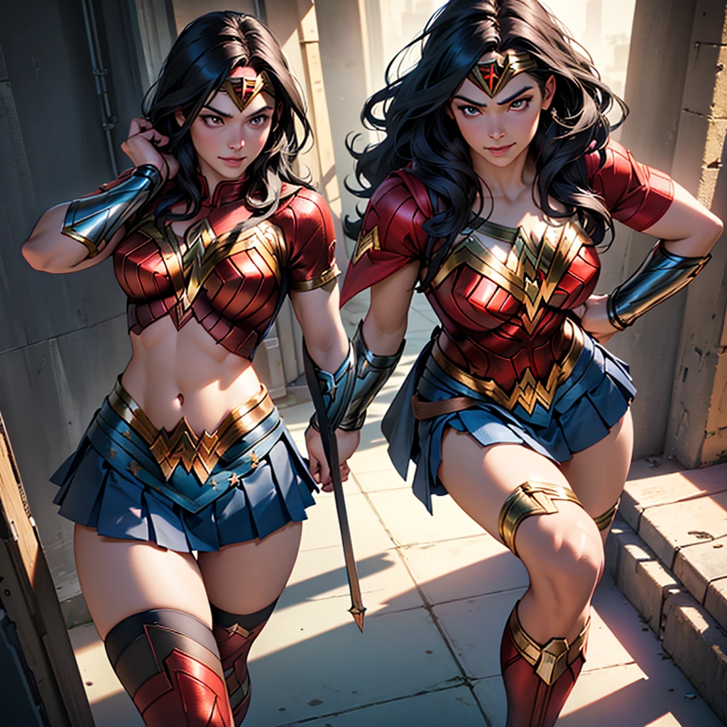 (Wonder woman), thicc school 1girl wearing thighhighs pleated skirt, skirt pull, skirt lift, revealing panties, short skirt, gorgeous features, clear face, symmetrical face, beautiful face, rendered eyes, detailed eyes, beautiful hair, smile, long legs, [thick|slender] bare thighs, thigh gap, natural breasts, symmetrical breasts, perfect breasts, anatomy, athletic, fit, in shape, exotic, alluring, mature, masterpiece portrait, extreme detail, (character focus:1.4), highly detailed, 8k octane, HDR, ultra detailed, best quality, highest quality, realistic lighting, hyperdetailed