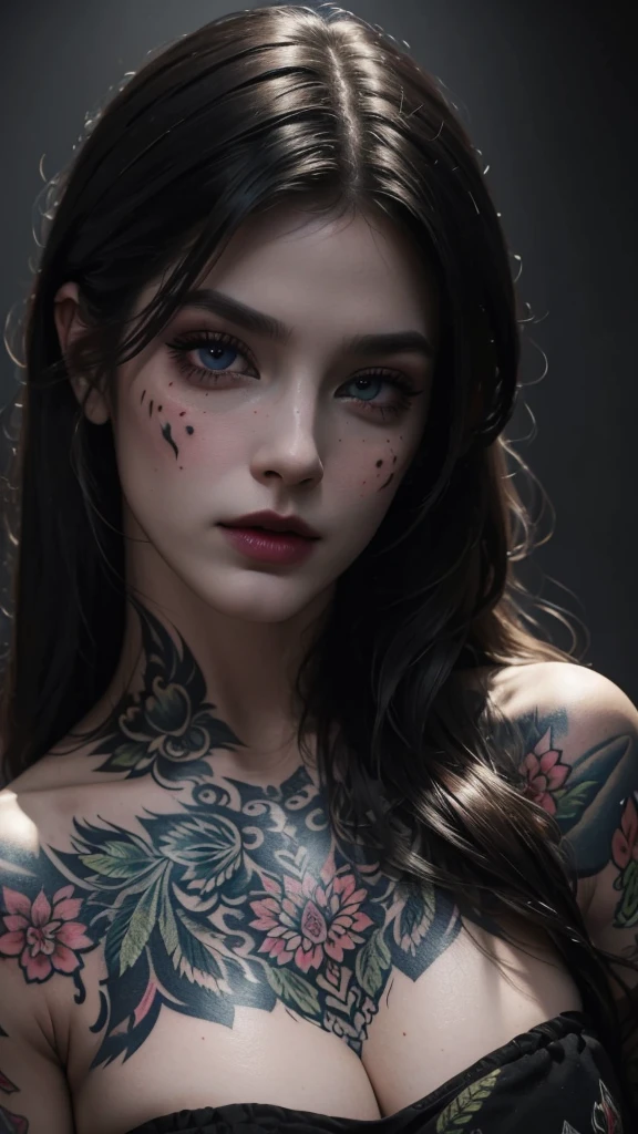 1girl, beautiful detailed eyes, beautiful detailed lips, extremely detailed face, tattoos, neon traditional style tattoos, full body tattoos, colorful tattoos, cannabis leaves, intoxicated expression, seductive pose, moody lighting, dramatic shadows, vibrant colors, dark atmosphere, (best quality,4k,8k,highres,masterpiece:1.2),ultra-detailed,(realistic,photorealistic,photo-realistic:1.37)