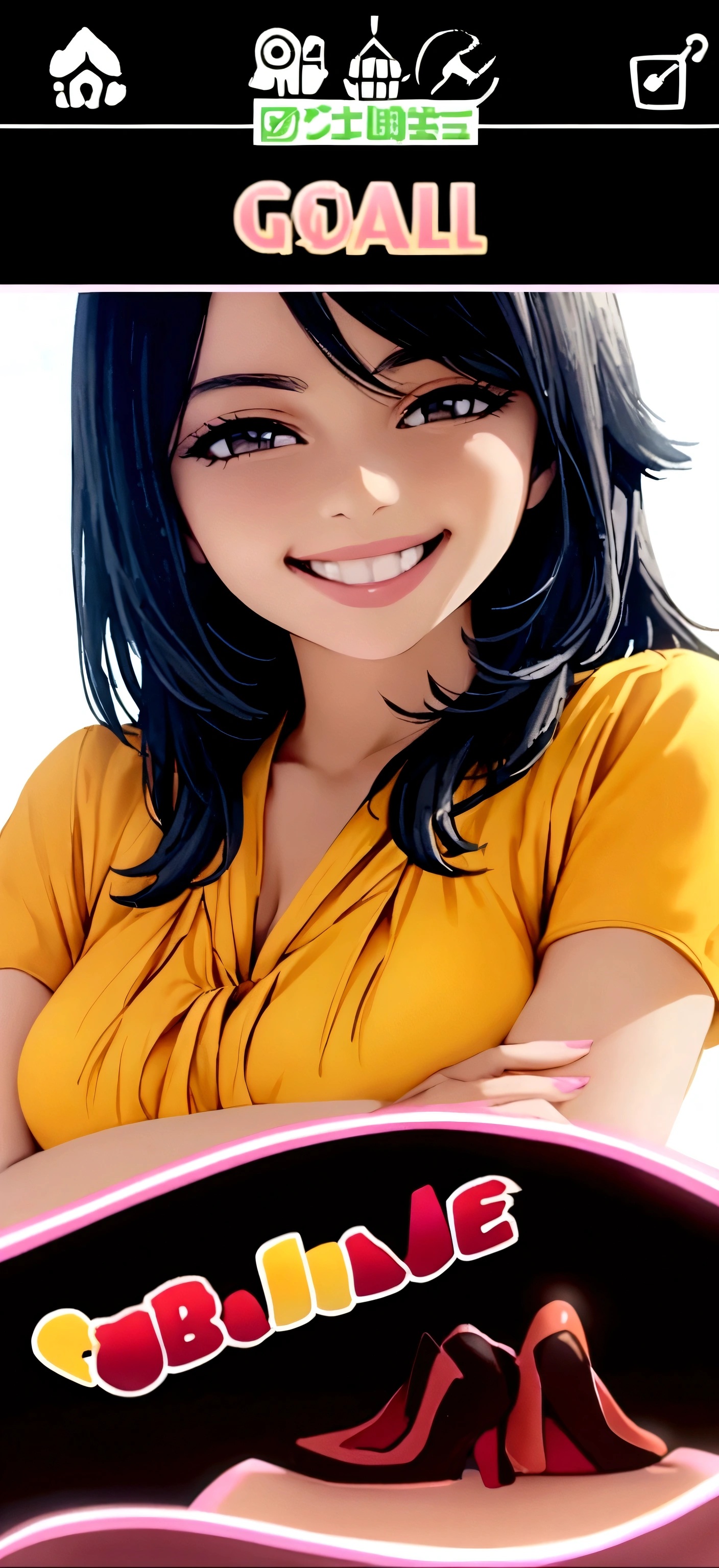 Young woman with long black hair and big eyes smiling and with her arms crossed in orange clothes