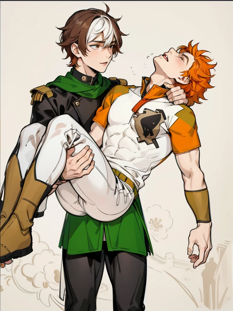 There is a 17-year-old boy with orange hair, he is dead, he is in his friend's arms, he is sad, he has green eyes, his costumes are like superheroes., He is sad, with some tears, he mourns the death of his friend.