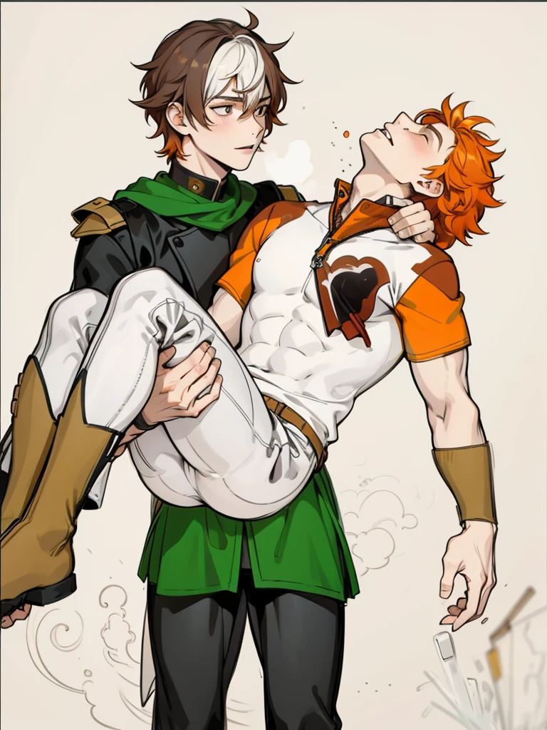 There is a -yeld boith orange hair, he is dead, he is in his friend&#39;s arms, he is sad, he has green eyes, his costumes are like superheroes., He is sad, with some tears, he mourns the death of his friend.