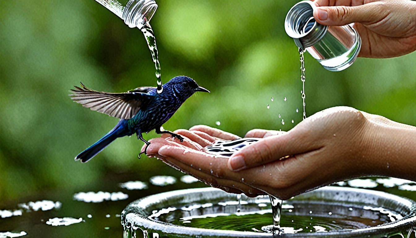 A human hand dripping water into a bird's beak in black and white 