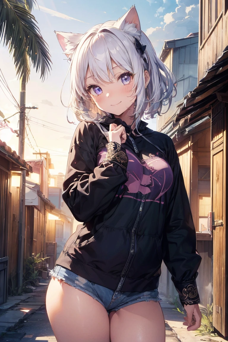 (((masterpiece))), (((Highest quality))), ((Very detailed)), ((Very detailedなイラスト)), ((Ultra-fine painting)), (16K Highest quality wallpaper:1.4), (Detailed and elaborate illustration style,:1.8) Detailed skin texture, High quality fabric, , (T-masterpiece), (Very detailedな顔:1.4), original, RAW Photos, Professional, Intricate details, Very detailed, Direct sunlight:1.6, ,(Cowboy Shot:1.9)、(Perfect Anatomy:1.4), (Extremely elaborate hands:1.2), (Very elaborate fingers:1.2), (Very elaborate fingers先:1.2),, (alone:1.6), (beautiful and adorable cat ears:1.6), (Intricate and delicate cat ears:1.4), (beautiful, Shiny white hair:1.6), (Very fine and delicate white hair:1.4),, (Very detailedな顔:1.4),(Light purple eyes:1.4),(smile:1.4),Highest quality, masterpiece, High resolution, One Girl, Stranded on a small tropical island, Torn clothes, Disheveled Hair, old clothes, Sunburned skin, One palm tree, coconut, Renata Daniski, SFW