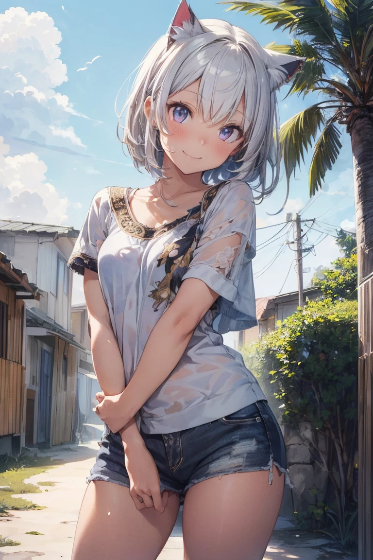 (((masterpiece))), (((Highest quality))), ((Very detailed)), ((Very detailedなイラスト)), ((Ultra-fine painting)), (16K Highest quality wallpaper:1.4), (Detailed and elaborate illustration style,:1.8) Detailed skin texture, High quality fabric, , (T-masterpiece), (Very detailedな顔:1.4), original, RAW Photos, Professional, Intricate details, Very detailed, Direct sunlight:1.6, ,(Cowboy Shot:1.9)、(Perfect Anatomy:1.4), (Extremely elaborate hands:1.2), (Very elaborate fingers:1.2), (Very elaborate fingers先:1.2),, (alone:1.6), (beautiful and adorable cat ears:1.6), (Intricate and delicate cat ears:1.4), (beautiful, Shiny white hair:1.6), (Very fine and delicate white hair:1.4),, (Very detailedな顔:1.4),(Light purple eyes:1.4),(smile:1.4),Highest quality, masterpiece, High resolution, One Girl, Stranded on a small tropical island, Torn clothes, Disheveled Hair, old clothes, Sunburned skin, One palm tree, coconut, Renata Daniski, SFW