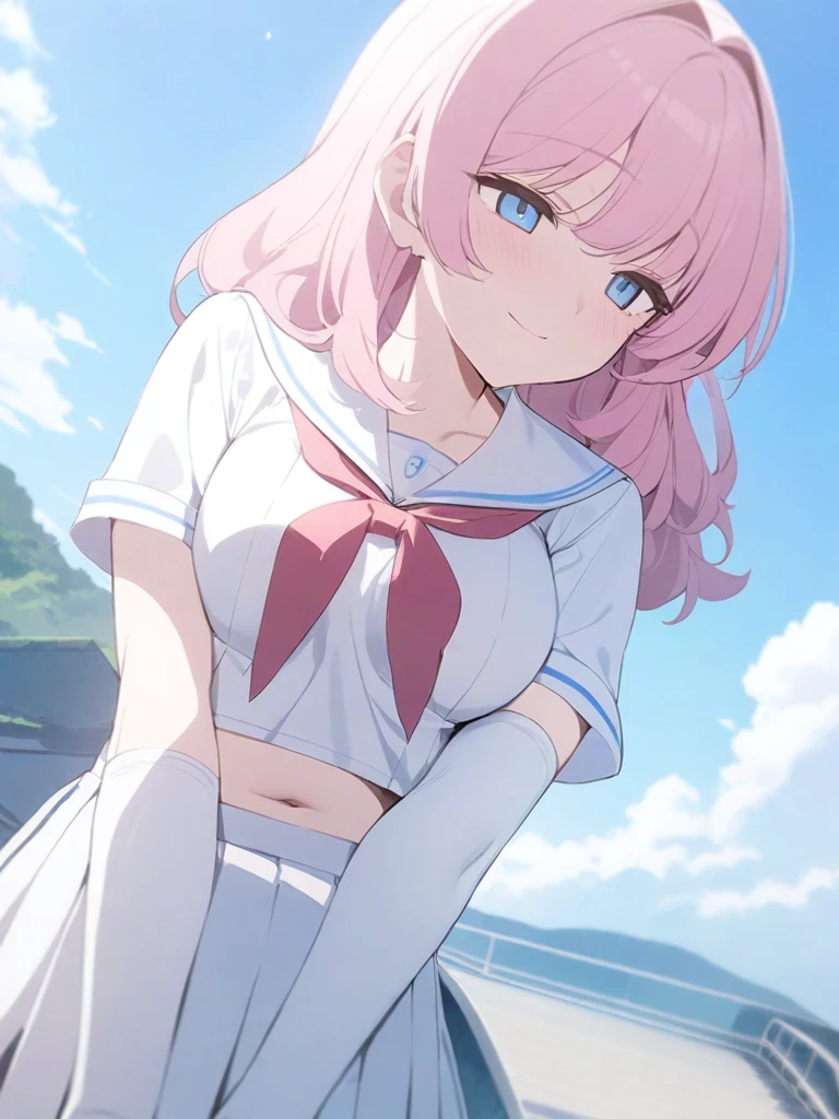 masterpiece, best quality, high quality, beautiful anime character, solo, anime girl with pink hair, medium length hair, medium hair, blue eyes, medium breasts, mature female, tall female, big girl, thick, shy, light smile, outdoors, (sailor uniform, pleated skirt, ribbon), short sleeves, navel, white thighhighs, white elbow gloves,