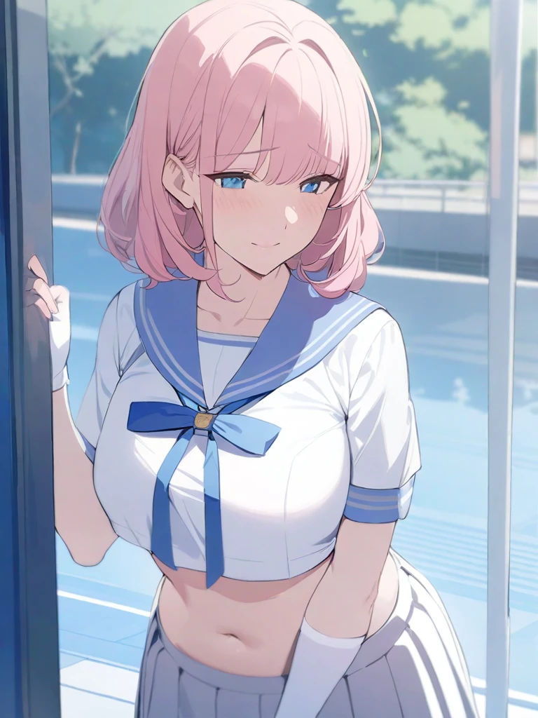 masterpiece, best quality, high quality, beautiful anime character, solo, anime girl with pink hair, medium length hair, medium hair, blue eyes, medium breasts, mature female, tall female, big girl, thick, shy, light smile, outdoors, (sailor uniform, pleated skirt, ribbon), short sleeves, navel, white thighhighs, white elbow gloves,