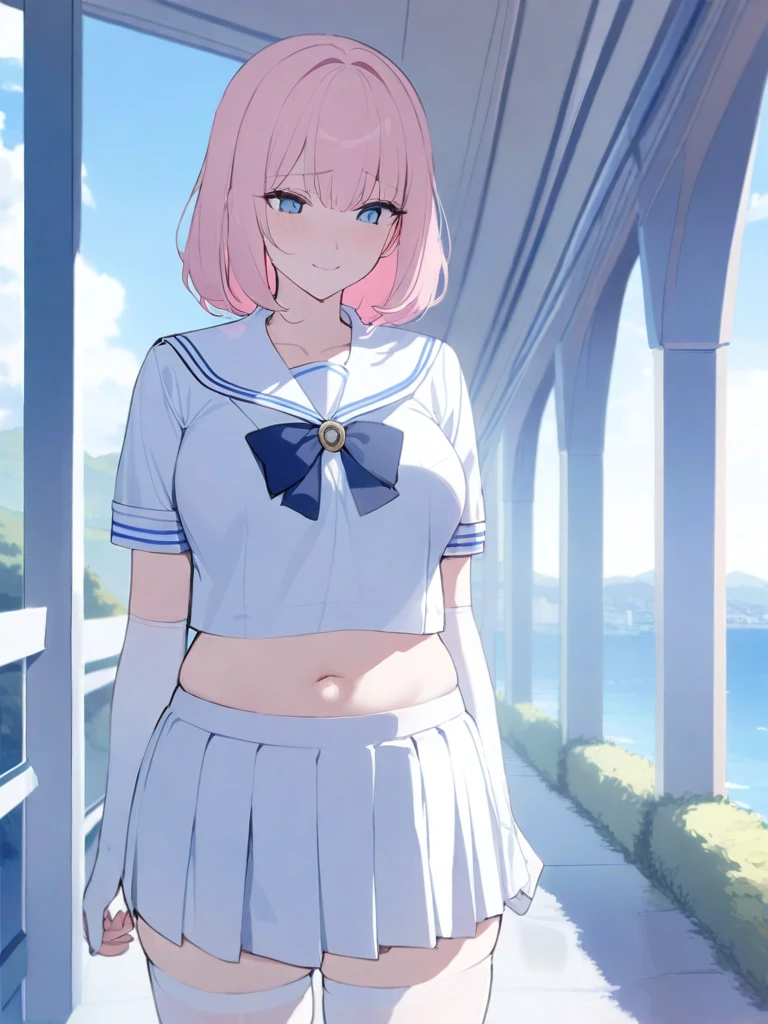 masterpiece, best quality, high quality, beautiful anime character, solo, anime girl with pink hair, medium length hair, medium hair, blue eyes, medium breasts, mature female, tall female, big girl, thick, shy, light smile, outdoors, (sailor uniform, pleated skirt, ribbon), short sleeves, navel, white thighhighs, white elbow gloves,