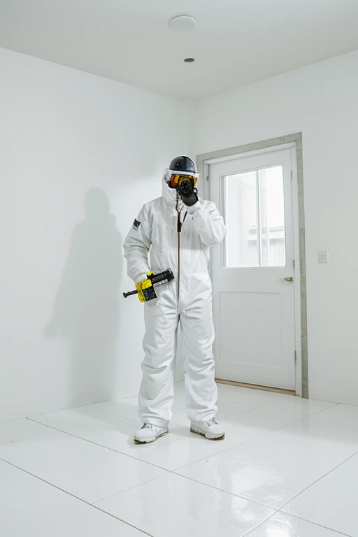 there is a large closed white space. the walls and floor are white. There are some giant blocks also white. and at the center of everything, a man in a paint ball suit pointing directly at the camera with a paint gun.