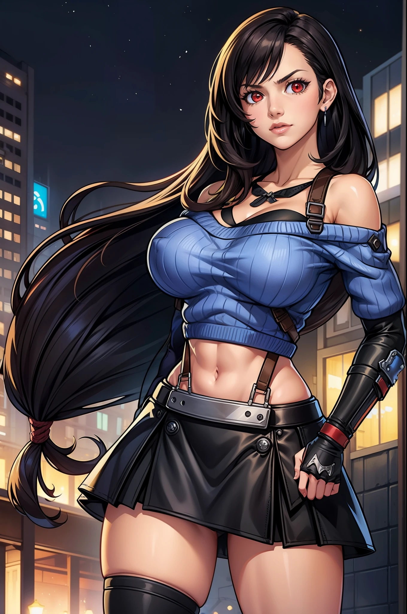 perfect eyes:1.2, detailed eyes:1.4, serious, hand on hip, night, city, metTifa, red eyes, large breasts, low-tied long hair, earrings, cropped sweater, blue sweater, off-shoulder, short sleeves, suspender skirt, elbow gloves, armored legwear, medium full shot, thigh-level shot, 1girl,(masterpiece:1.6, best quality),
