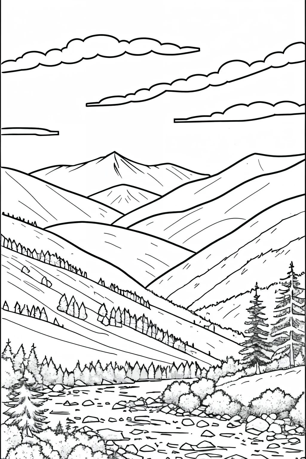 Landscape with mountains, streams, pine trees, and clouds coloring book