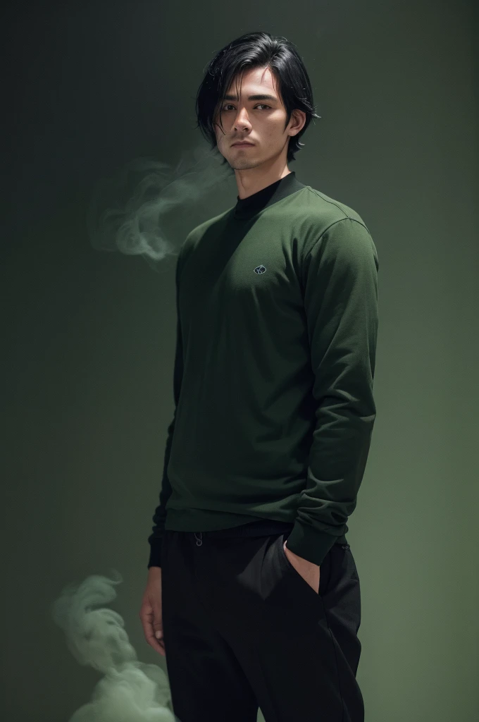 A man in dark green clothes, with an older and more mature tone, but young, a 30 year old adult, cowlick, black hair, black pants, the background is a black room with a type of green smoke contaminating it in some areas, the man gives off a mysterious air.