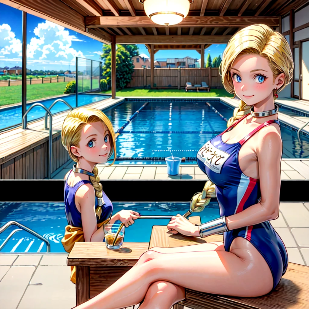 (masterpiece, highest quality:1.2), 1 girl, solo, 1 girl, Bianca, DQ5, illustration, anime style, long hair, blonde hair, single braid, over-the-shoulder hair, blue eyes, smiling, competitive swimsuit, indoor pool, blue sky