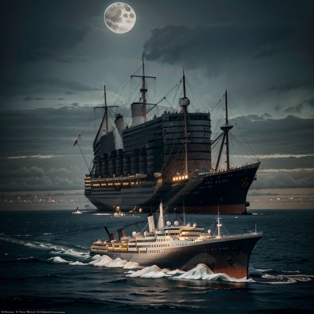The RMS Titanic, RMS Olympic and HMHS Britannic sailing with each other. The RMS Titanic and HMHS Britannic should be on the sides and look like ghosts while the RMS Olympic is taking its last voyage. A dark night with the full moon in the background. RMS Titanic and HMHS Britannic has fading lights and damage to their hauls. RMS Titanic has the hole in its haul caused by the iceberg. HMHS Britannic has a hole in front where the underwater mine blew up. 