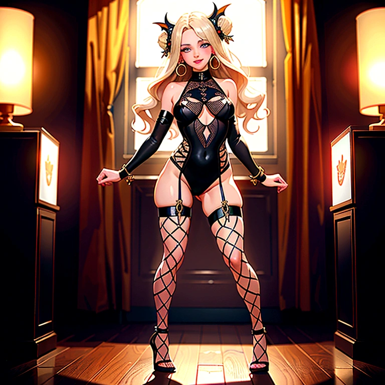 (very detailed:1.5), (no nudity:1.3), (1girl:1.2), beautiful, Swedish, blonde, (silk bodysuit with black mesh pattern very tight to the body:1. 3), (semi-transparent:1.2) (with some embroidery with small dragons patterns in geen colour:1. 3), inside a luxurious pharmacy decorated in romantic style, twin drills, triple bun, long hair, half-moon hair ornament, eyeball, half-moon earrings, make-up, seductive smile, naughty face, Hyperrealism, Sony FE GM, 85mm, f/4.0, (full body shot:1.5), ((best quality)), ((masterpiece)), anatomically correct, heels