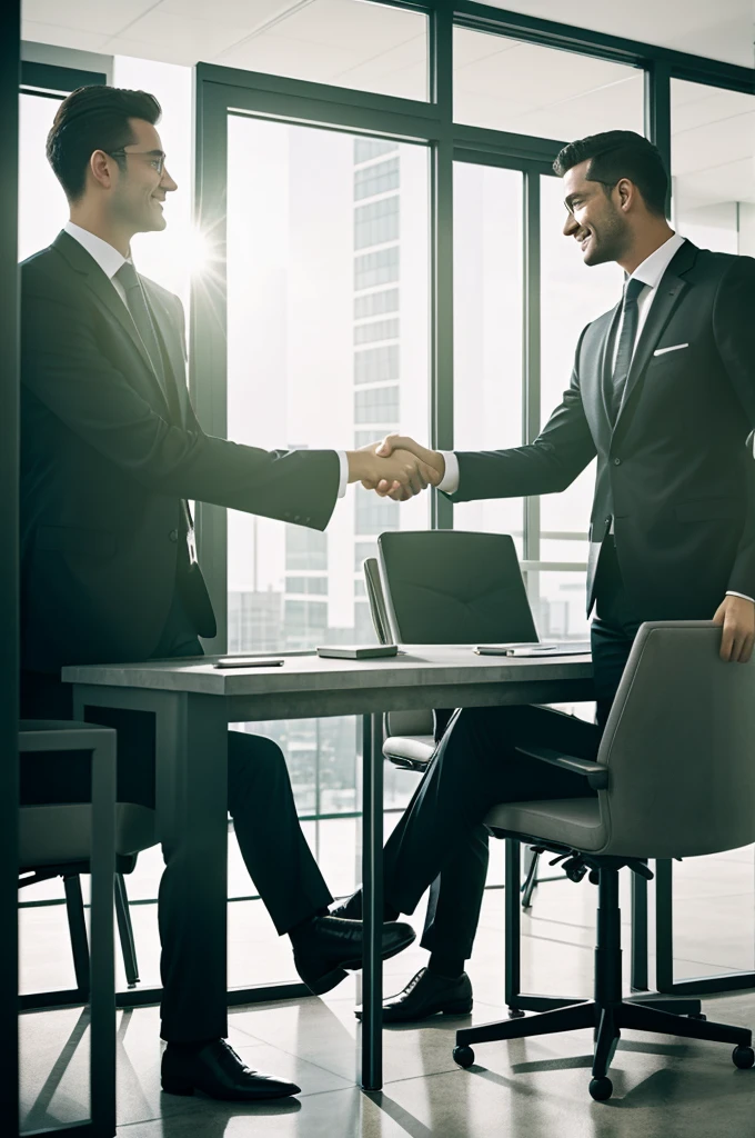 Two young businessmen shaking hands in modern CEO office with concrete and tray walls, computer table and coffee table with armchairs. Concept of partnership. Toned image double exposure