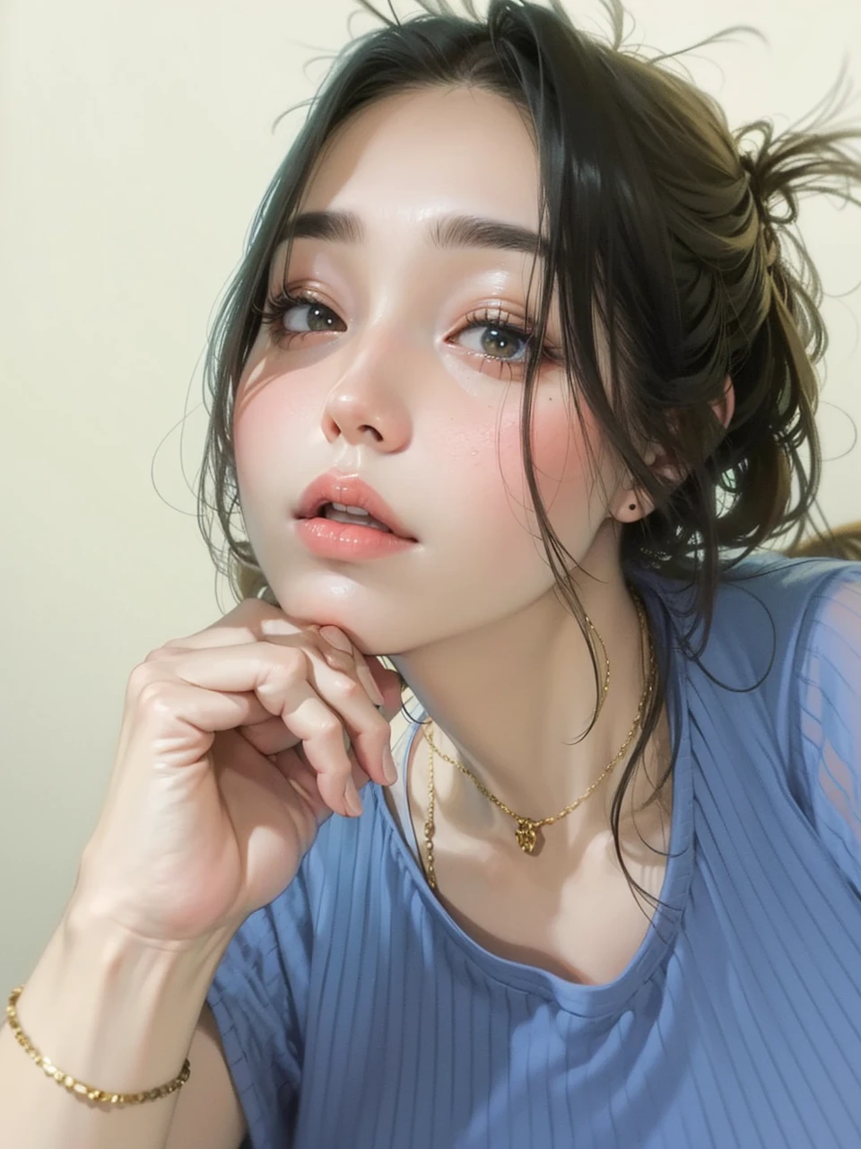 ultra realistic 8k cg, masterpiece, ((ultra detailed background, delicate pattern, intricate detail)), best quality, intricate details, chromatic aberration, 1girl, long hair, golden hair, messy hair, red highlights, hair over one eye, sharp eyes, choker, brick wall, graffiti, dim lighting, alley, oversized shirt,off shoulder, see through white shirt, Masterpiece, best quality
