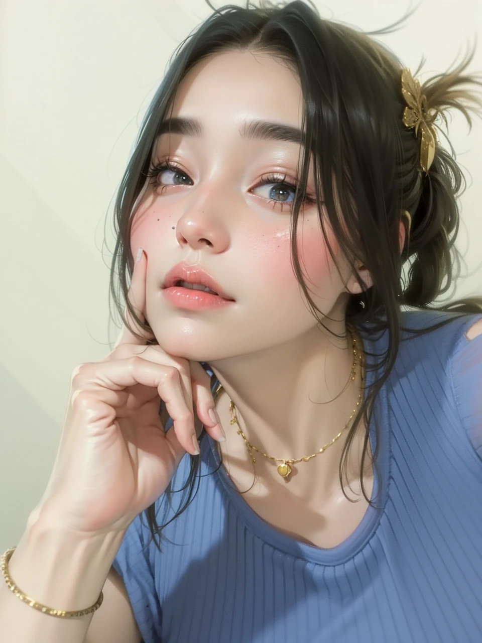ultra realistic 8k cg, masterpiece, ((ultra detailed background, delicate pattern, intricate detail)), best quality, intricate details, chromatic aberration, 1girl, long hair, golden hair, messy hair, red highlights, hair over one eye, sharp eyes, choker, brick wall, graffiti, dim lighting, alley, oversized shirt,off shoulder,  white shirt, Masterpiece, best quality