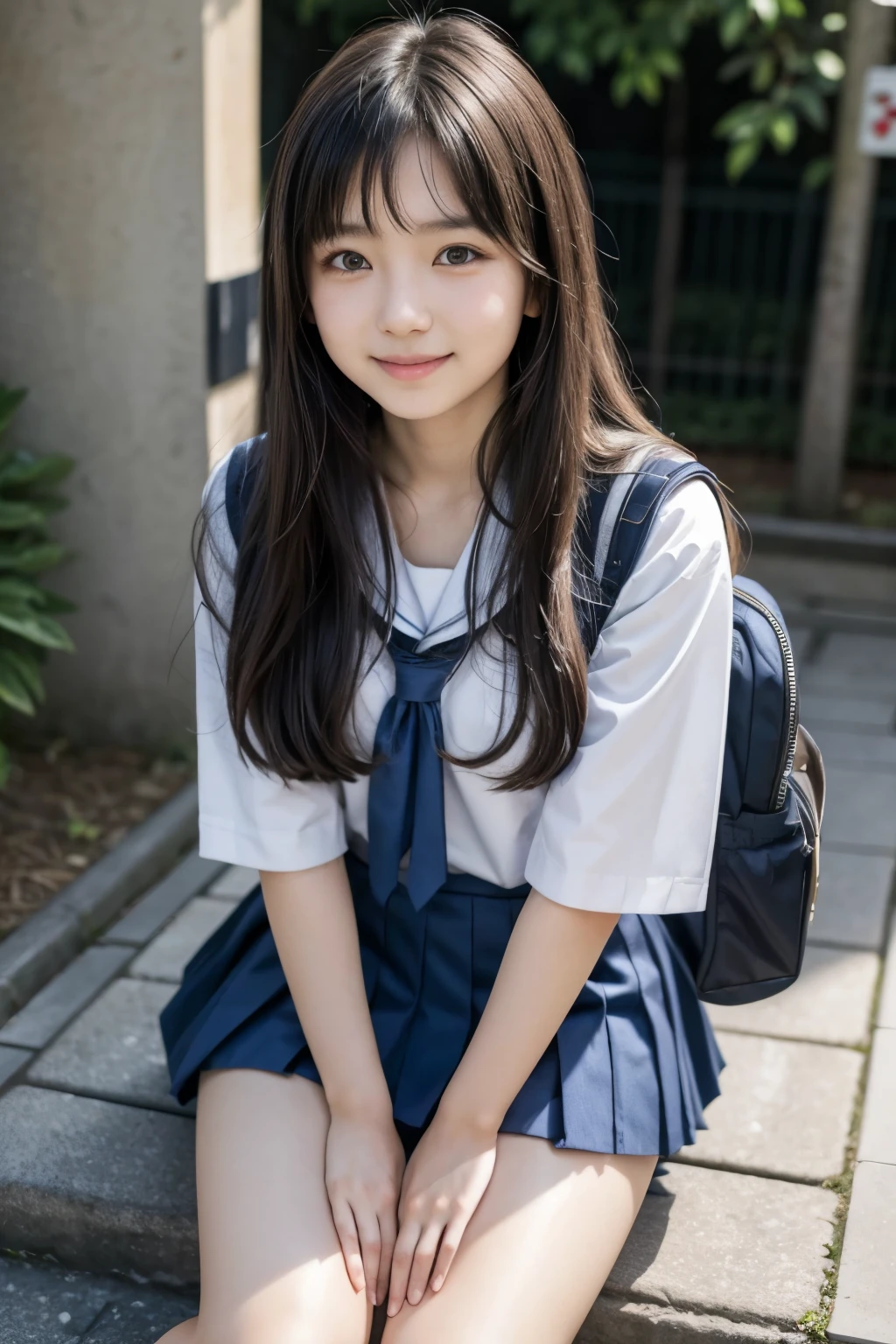 Japan girl at , Semi-long hair, uniform, cute, smile, Thigh close-up、Looking up at the camera、School,mini skirt,high school student,I can see your pants,rape