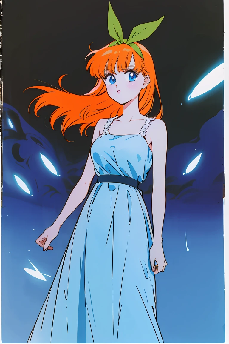 Yotsuba nakano, green ribbon, dancing in the moonlight, dynamic pose, moonlight background, full body, dancing girl, pretty flowing dress, wind, sweet dreamy face, (Old anime, vintage anime, 90's anime style, naoko takeuchi style, masterpiece、top-quality, Official art、Beautifully Aesthetic:1.2)、(a beauty girl:1.3)、vivid colours、colourful, magical photography, dramatic lighting, intricate details, (1 girl, solo, alone), , sfw, nakano_yotsuba, blue eyes, indigo eyes, aayotsuba, sparkling blue eyes, sfw, pretty teenage girl with shoulder length orange hair, hair ribbon, green ribbon, heart shaped lips and blue eyes making a cute face, blushing, aayotsuba, Nakano yotsuba from The Quintessential Quintuplets, yotsuba Nakano, masterpiece, 4k, ultradetailed, cowboy shot, shoulder lenght orange hair,, blushing,, blue eyes, innocent, pure, kawaii, tender, lovely, cheery, cute