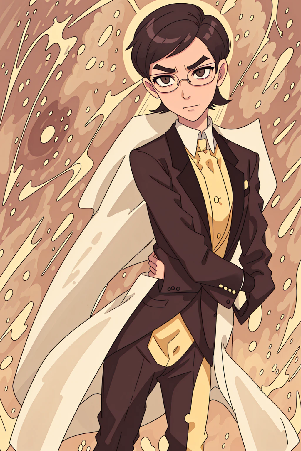 A thin man wearing a tight-fitting tuxedo and suit, really short swept back hair, long sculpted face, looking very smug, wearing circular glasses, wearing a yellow suit with gold accents, standing in front of a golden sky