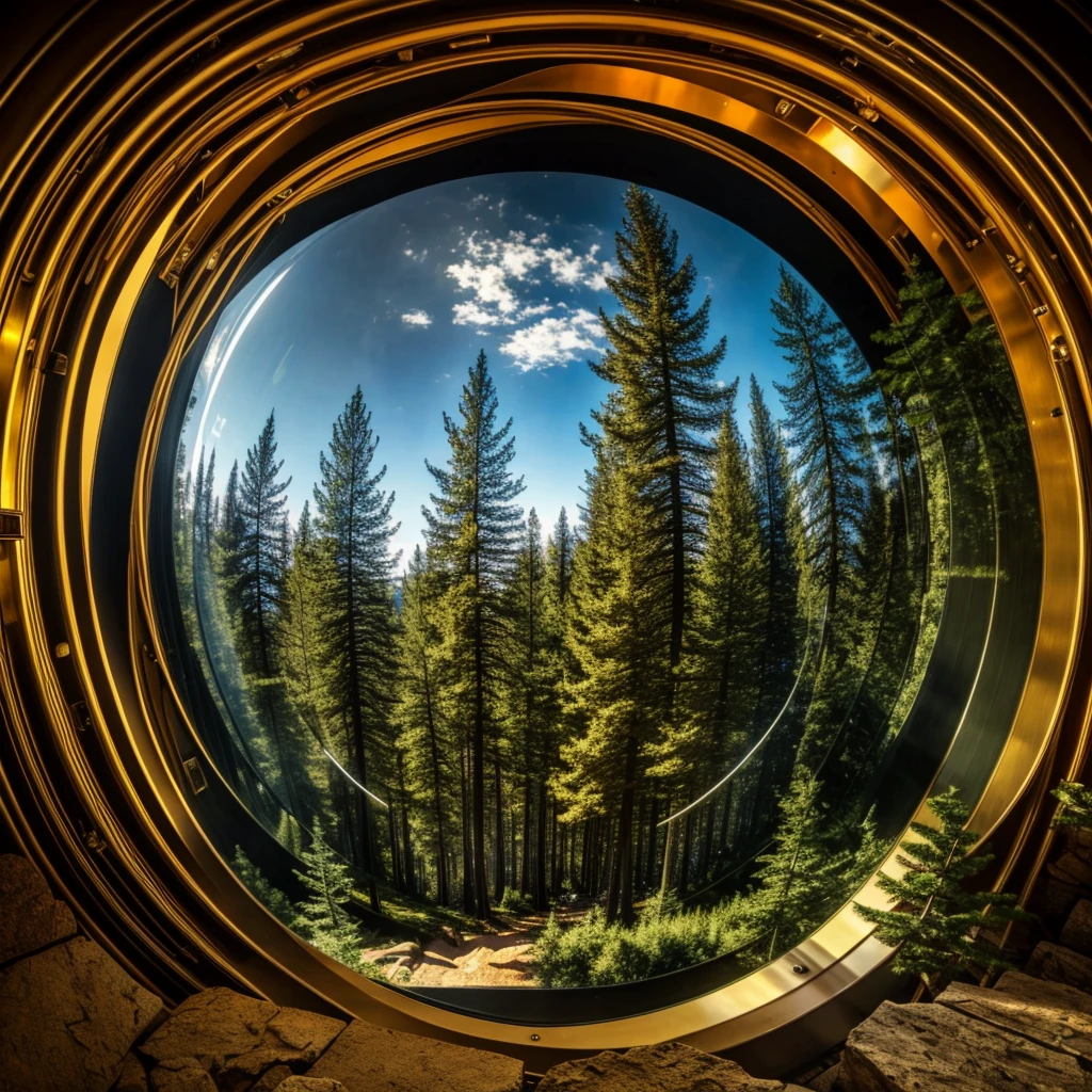 best quality, masterpiece, 4K, detailed, shading, inside a sci-fi golden sphere shelter, sci-fi, futuristic architecture, interior view:1.4, conifer forest outside