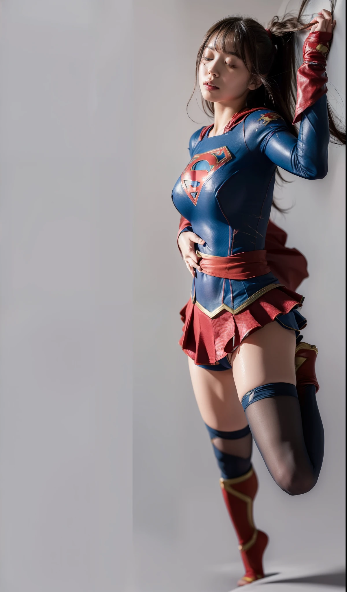 (((Highest quality、8K、masterpiece:1.upergirl、胸にSupergirlのロゴ、Eyes closed、Sharp focus:1.2、Beautiful woman with perfect figure:1.4、Thin abdominal muscles:1.2、((Layered Cut、Huge boobs)、Wet body:1.5、非常に詳細な顔と肌の質感Supergirl、Bloodstained、Clothes are shredded、Torn、Highest quality, Familiar, High resolution), 1 Girl, Supergirl、Super Heroine、Bi Warrior、defeat、Lying down'return、falling、knock out、フィットしたSupergirlのコスチューム、Enlarge your breasts、Muscular From above,sleepy, Sleepワイン, Doll joints、Sleep、it hurts、it hurts look、syncope、cadaver、Beautiful crotch、High detail、8K