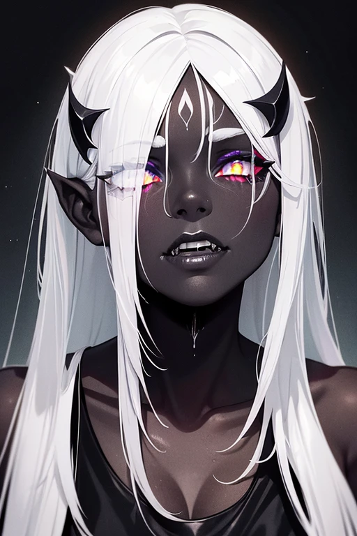 1 20 year old girl with dark skin, black lipstick, bright blue makeup, razor-sharp claws, sharp canine teeth, glowing white eyes, long, white eyelashes, wet straight white hair with a few strands falling under the face, wearing a revealing black pearly dress